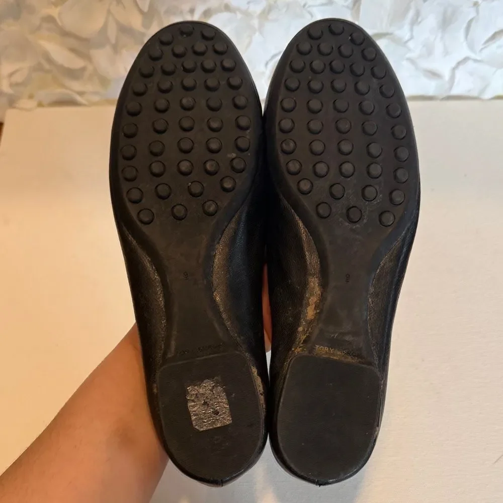 Tory Burch Black Leather Ballet Flats with Gold Logo Medallion
